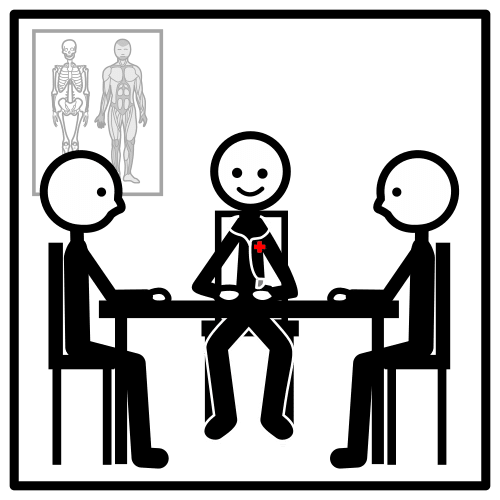 Pictograma de tres profesionais sentados arredor dunha mesa nunha sala de traballo