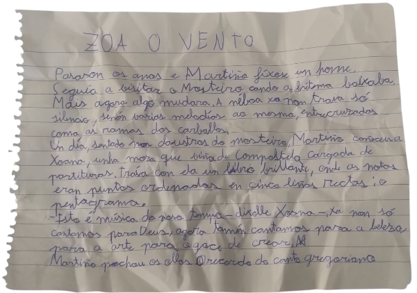 Fotografía do papel manuscrito a bolígrafo do capítulo 