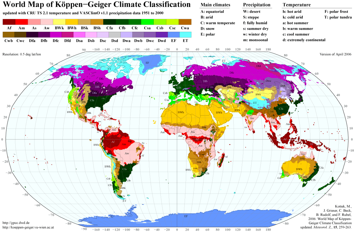 Mapa mundial actualizado da clasificación climática de Köppen-Geiger