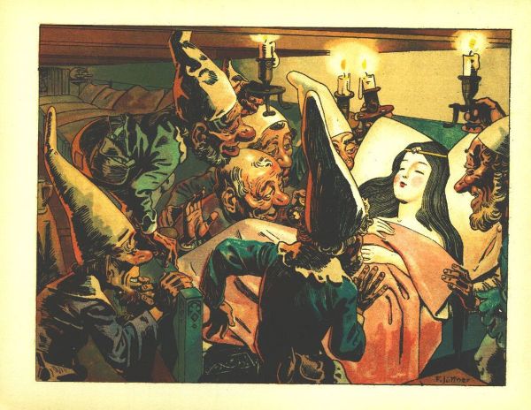 Cadro dunha escena do conto de Blanca Neves e os sete ananitos