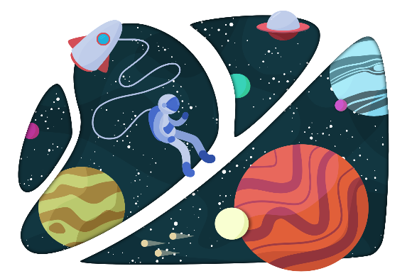 Espazo Cadro que representa planetas, foguetes e astronautas no espazo