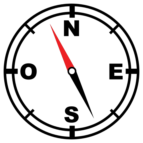 Icona de compás cos puntos cardinais no que a metade vermella da agulla apunta está entre o nor-noroeste e a metade negra apunta ao sur-surleste + (Arasaac)