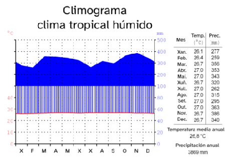 Gráfica de líñas na que se representan precipitacións abundantes durante todo o ano e temperaturas que rondan os vintesete graos durante todo o ano