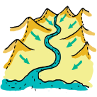 Icona na que aparece un río entre montañas nas que frechas azuis indican que as augas aflúen cara ao río