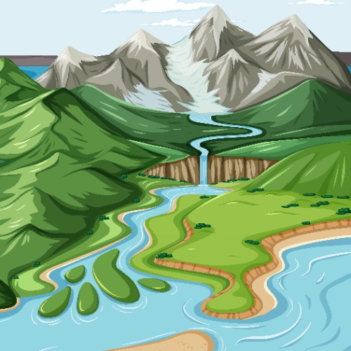 Icona con imaxe de montañas nevadas de fondo, e río que aflúe ata desembocar no mar.