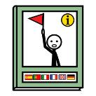 Icona de persoa levantando unha bandeirola triangular vermella coa súa man dereita. Na parte inferior, aparecen bandeiras de España, Portugal, Italia, Francia, Reino Unido e Alemaña (de esquerda a dereita) + (Arasaac)