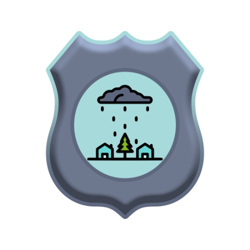 Insignia con forma de escudo con dúas casas e unha árbore sobre as que caen pingas de auga dunha nube gris