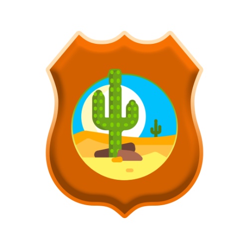 Insignia Clima Desértico Insignia con forma de escudo do clima desértico con area do deserto, un cactus en primeiro plano e o ceo azul cun gran sol ao fondo.