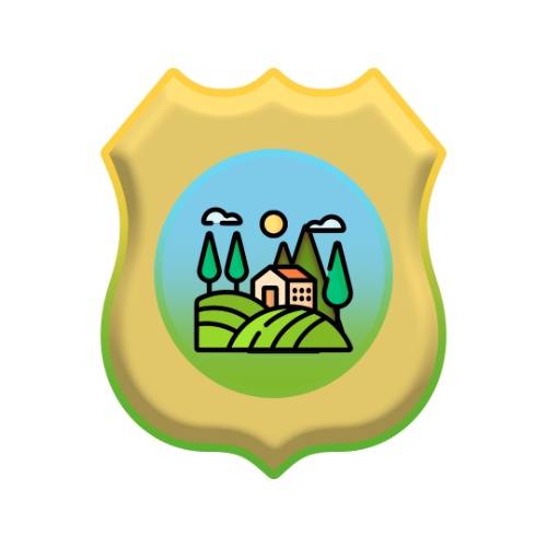 Insignia Clima Continental Insignia con forma de escudo na que se representan outeiros cultivados, unha casa, montaña e árbores