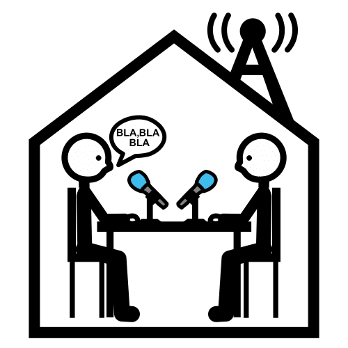Icona de Arasaac que representa unha casa con antena emitindo ondas, e dentro dela dous monicreques sentados un fronte a outro ante unha mesa falando con cadanseu micrófono.