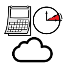 Icona na que aparecen representados un calendario cunha folla algo levantada, un reloxo que marca en vermello un ángulo de 5 minutos (dende e dez ata e cuarto) e unha nube