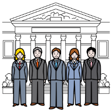 Gobernantes (Arasaac) Vese un grupo de gobernantes diante dun edificio do goberno