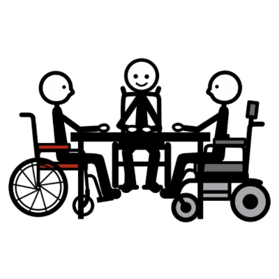 Imaxe de xente en cadeira de rodas reunida