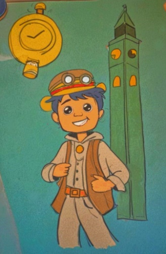 Na imaxe aparece Breogán, un neno aventureiro, cun vestido de diferentes tons de marrón, chapeu e lentes de aventureiro.