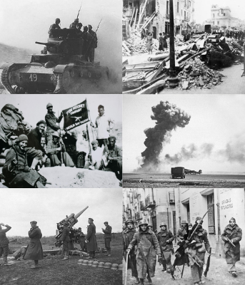 Recompilación de imaxes sobre a guerra civil española en branco e negro nas que se poden apreciar os tanques militares, algunhas armas, así como soldados polas rúas.