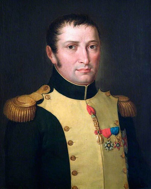 Móstrase un posado de Xosé Bonaparte vestido cun uniforme militar.