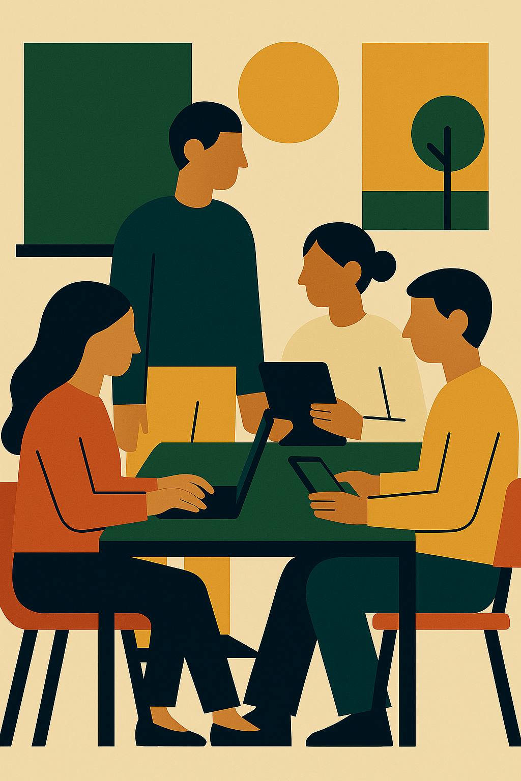 Ilustración de alumnado traballando na aula