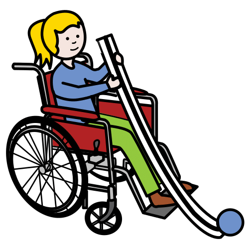 Pictograma que representa a unha nena lanzando en boccia grazas á axuda dunha quenlla