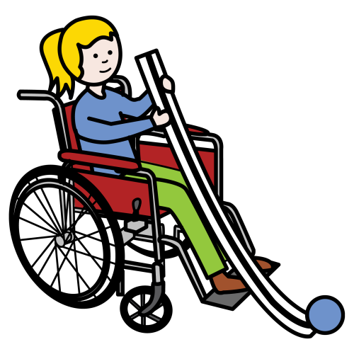 Pictograma que representa unha nena lanzando en boccia granas á axuda dunha quenlla.