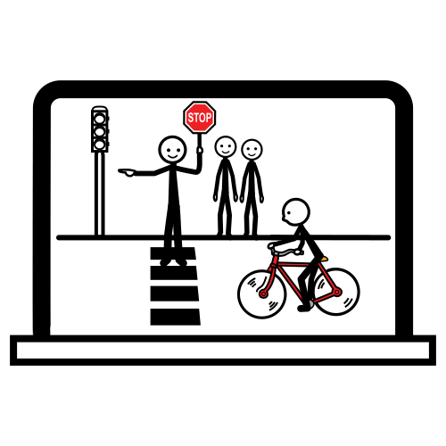 Pictograma que representa unha persoa na rúa cunha sinal de stop mandando parar a unha bicicleta para que pasen os peóns