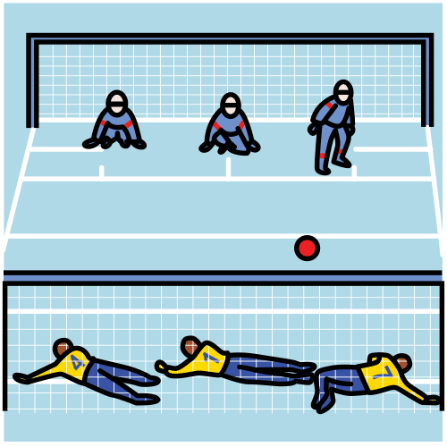 Pictograma que representa un partido de goalball no que un equipo lanza a pelota á portería contraria