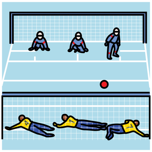Pictograma que representa un equipo lanzando á portería contraria nun partido de goalball