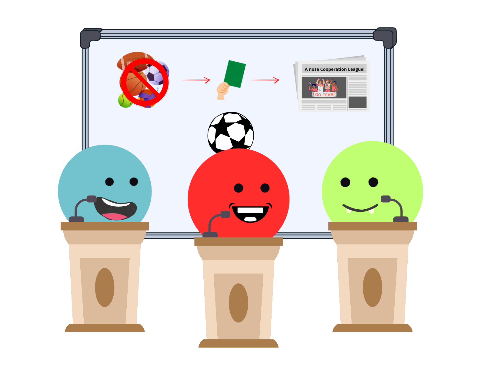 Debuxo que amosa unha conferencia de prensa