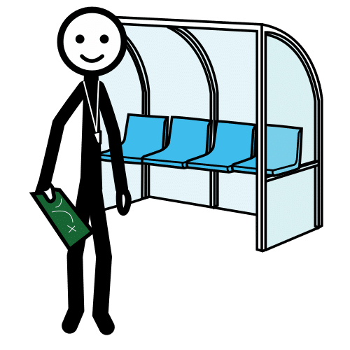 Pictograma que representa a unha adestradora diante dun banco