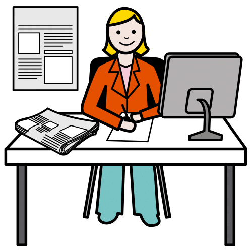 Pictograma que representa a unha xornalista escribindo unha noticia