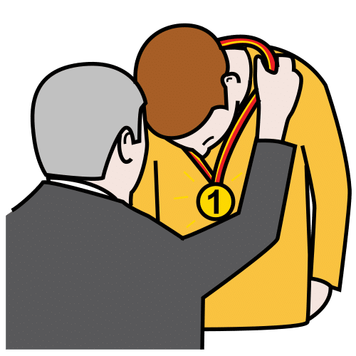Pictograma que representa a unha persoa colgando unha medalla a un deportista