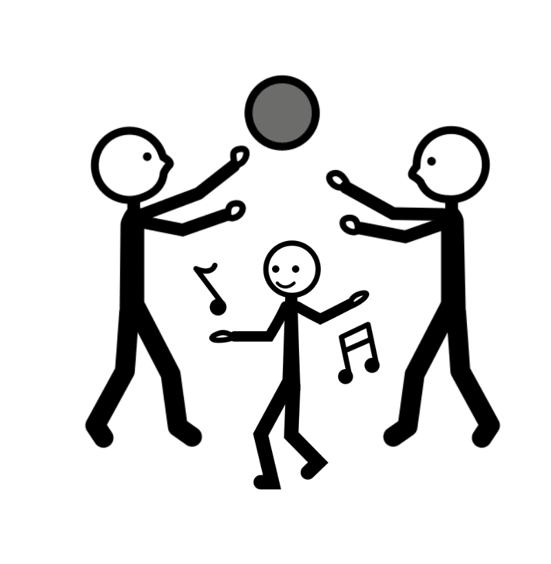 Pictograma que representa a dúas persoas xogando coa pelota e outra persoa bailando