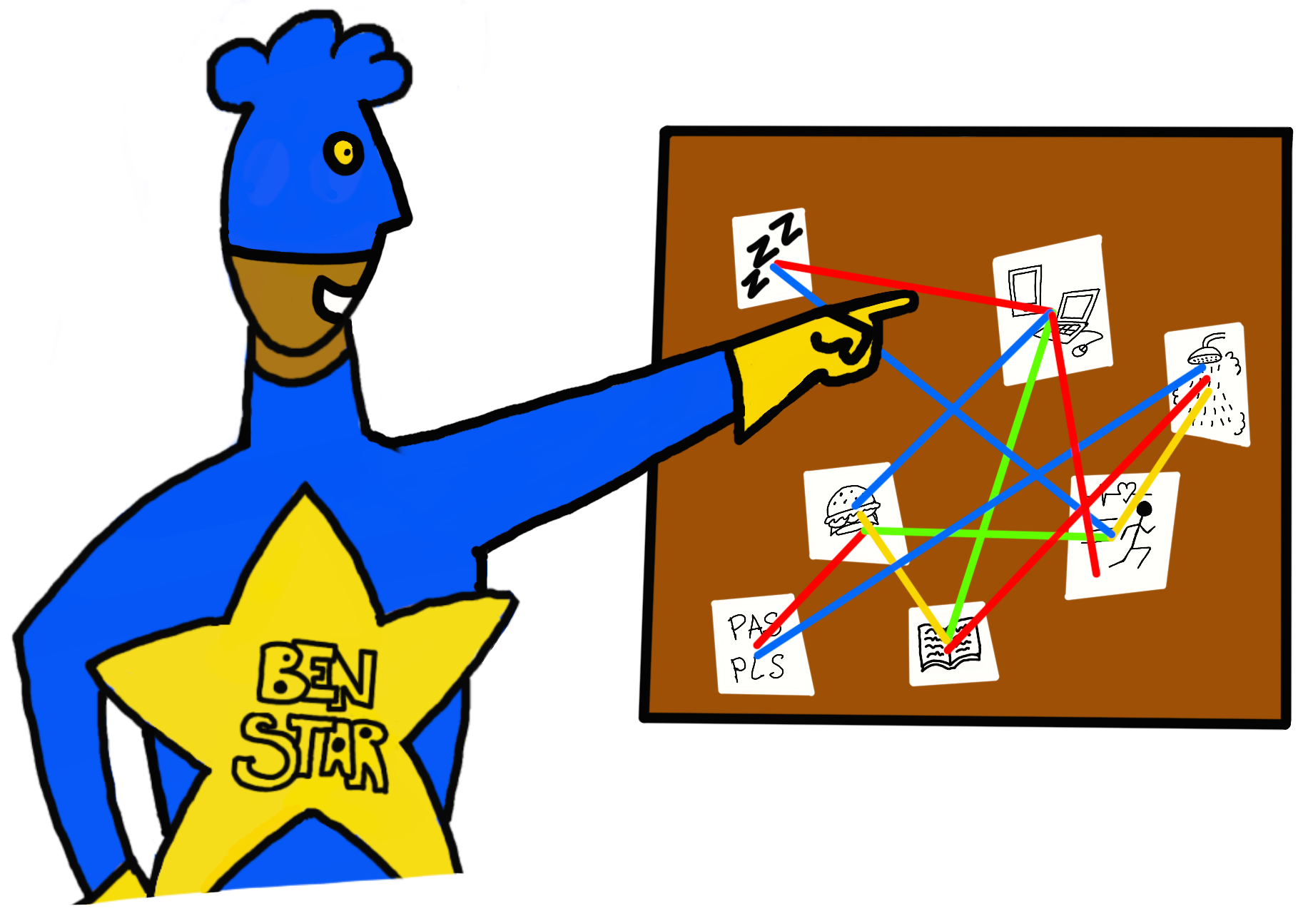 Debuxo no que aparece Ben Star relacionando as diferentes probas da Fase 1