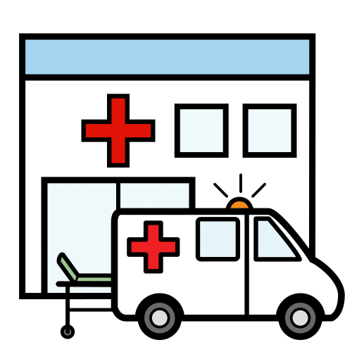 Pictograma dun hospital cunha ambulancia diante.