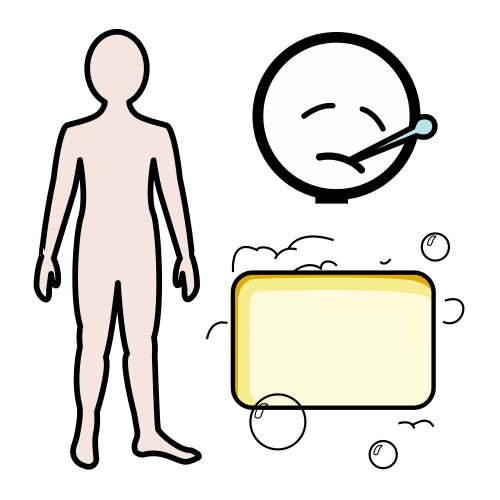 Pictograma que representa unha persoa san e outra enferma e burbullas de xabrón