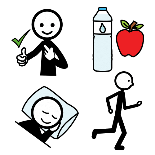 Pictograma de persoas con hábitos de saúde como auga ou comer froita