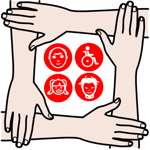Pictograma de catro brazos entrelazados con símbolos dentro sobre a inclusión