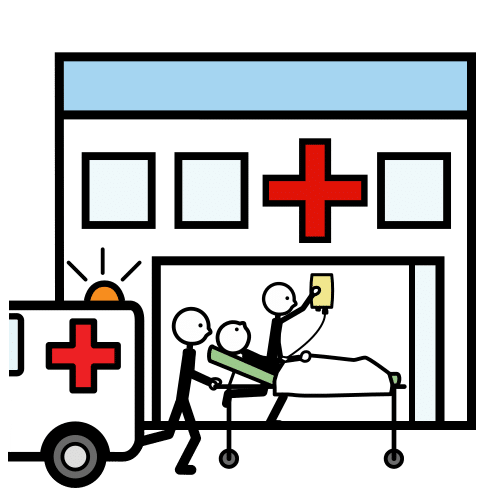 Pictograma dunha persoa en padiola sendo levada por dúas persoas a un hospital