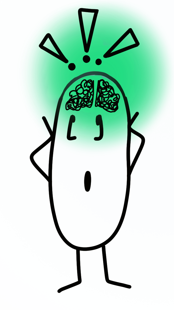 Monicaco co cerebro visible e uns signos de exclamación sobre a cabeza