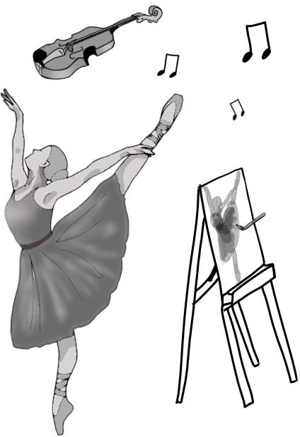 Ilustración que amosa unha bailarina e un cadro de pintura