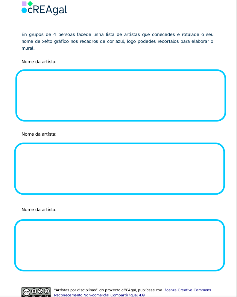 Ao premer leva á ficha de listado de artistas por disciplinas en PDF (abre xanela nova) Listado de artistas por disciplinas (exercicio)