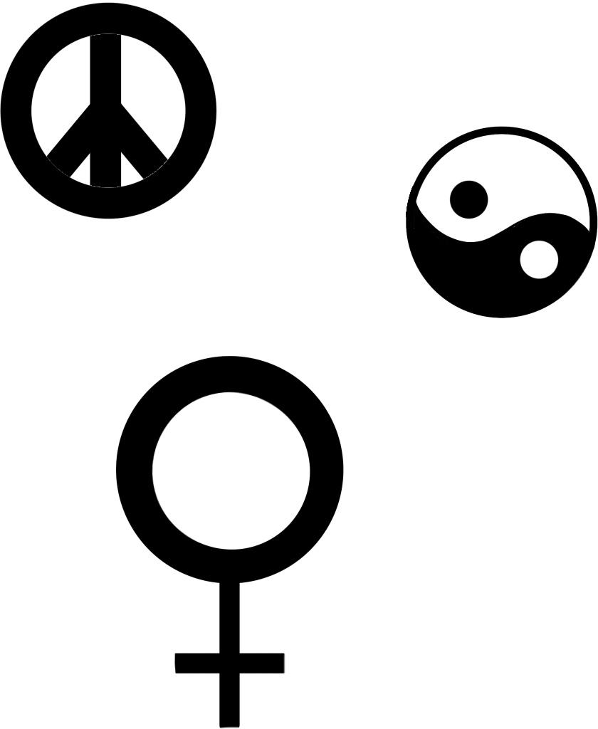 Imaxes simbolizando paz, xénero feminino e yin yang.