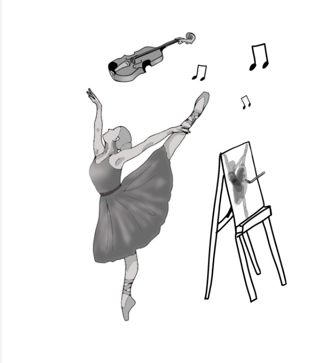 Ilustración con tres disciplinas artísticas: danza, pintura e música