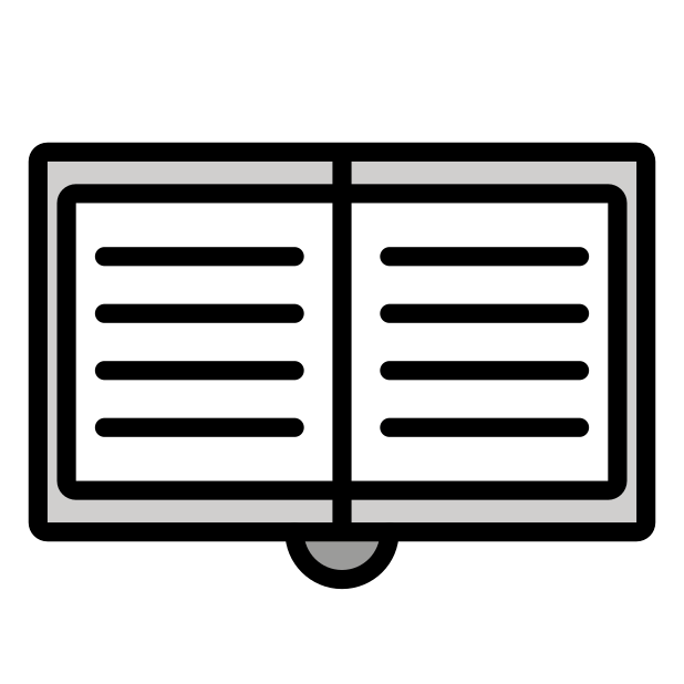 An open, hardcover book, depicted with a blue cover on most platforms. Some platforms include a bookmark.