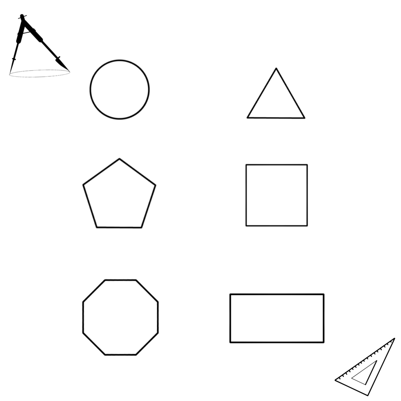Seis figuras xeométricas: círculo, triángulo, pentágono, cadrado, octógono e rectángulo
