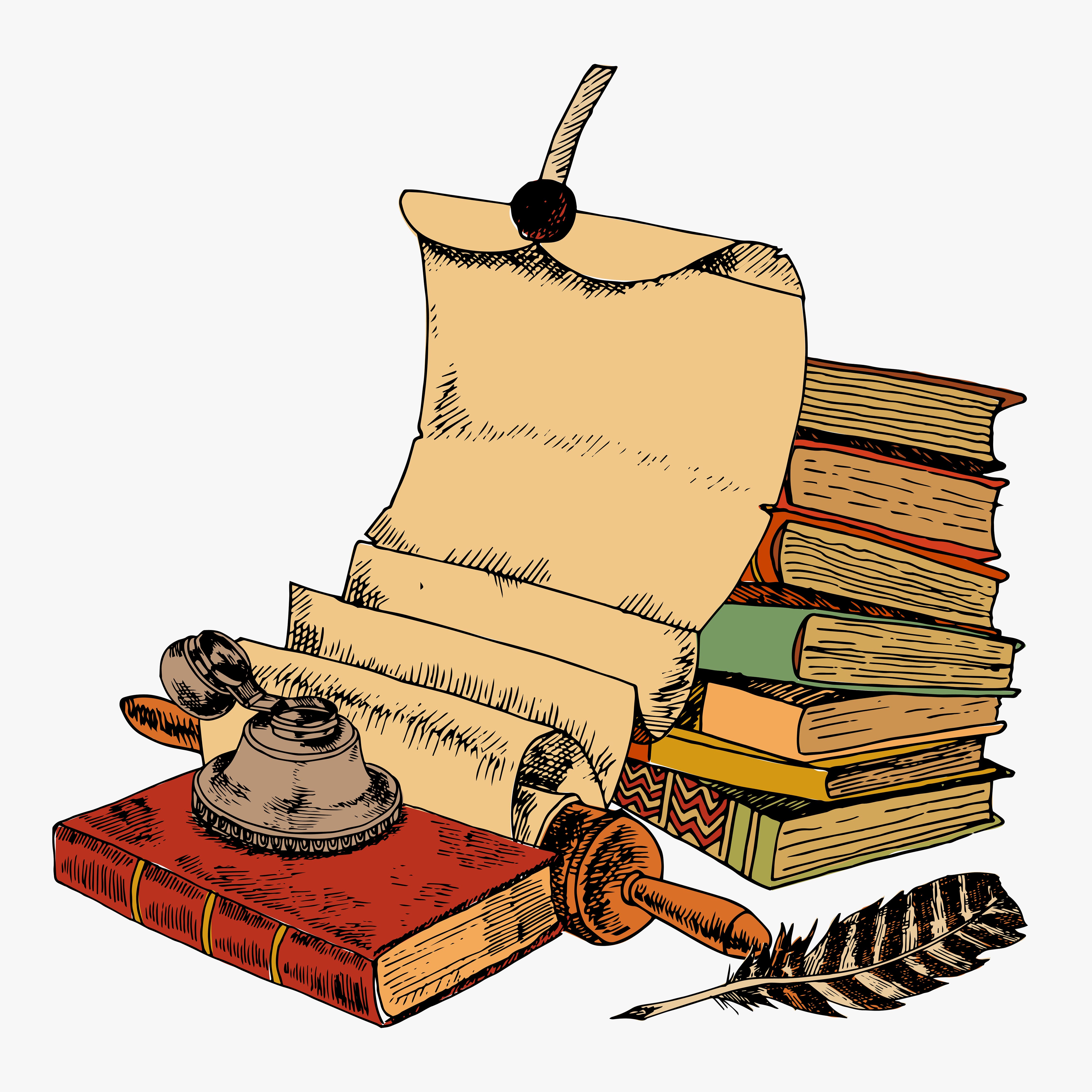 Vintage libros con pluma de desplazamiento de papel y tetera de tinta de color