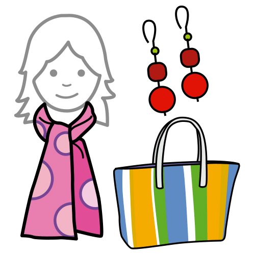 O debuxo de varios complementos de vestir: bufanda, bolso, pendentes...