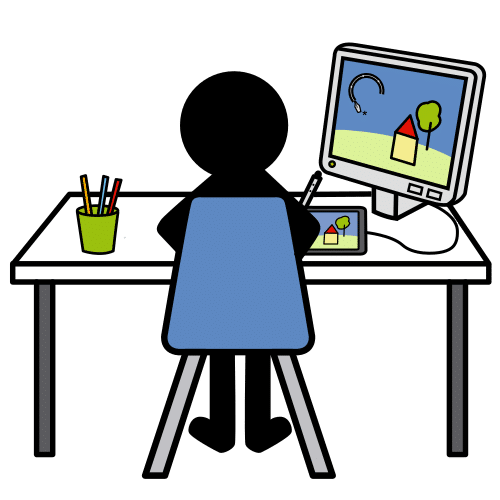 Unha persoa sentada nun escritorio e debuxando sobre unha pantalla, cun ordenador