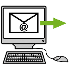 Enviar dun ordenador cun sobre cun sinal de arroba dentro e unha frecha que sae do ordenador Imaxe dun correo para enviar