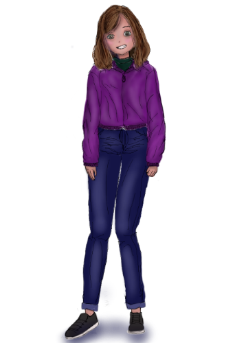 Sabela Nena de pé con posición e expresión que denotan nerviosismo