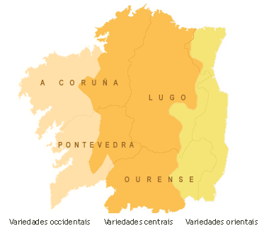 Mapa de Galicia cos bloques dialectais